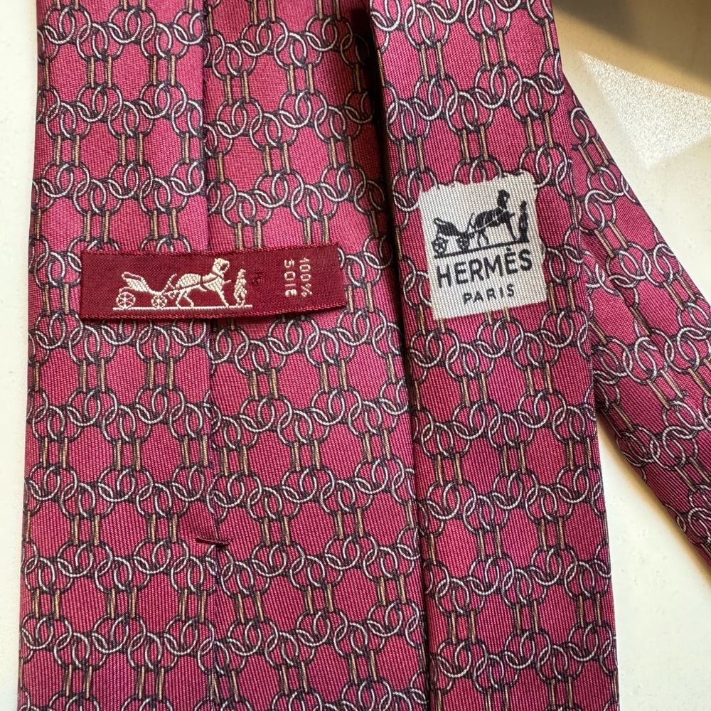 Vintage 90s Hermes Tie Red Blue Bridle Pattern 100% Silk Luxury - Made in France